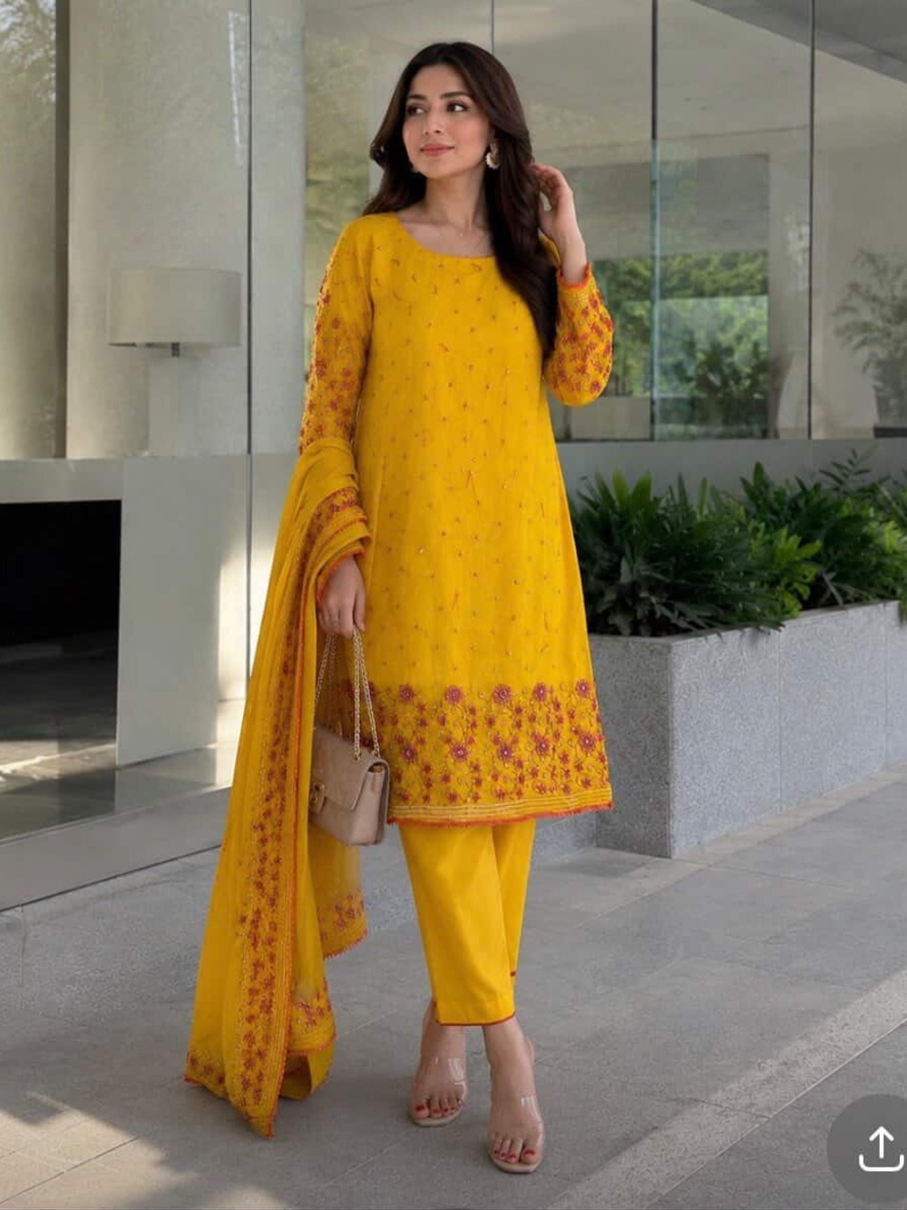 Yellow hand Embroidered Women's Salwar Kameez Set pakistani Indian mehndi